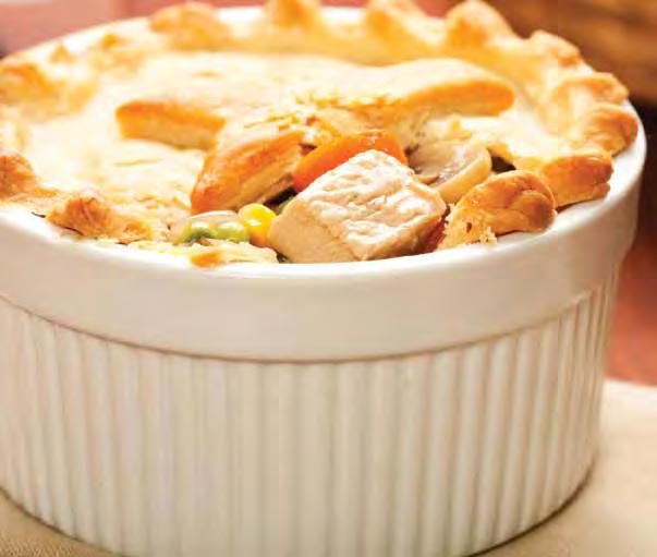 Calories 190 Carbohydrate 25 g Protein 12 g Fat 4 g Fiber 1 g Sodium 460 mg Cholesterol 60 mg Chicken Pot Pie Number of servings: 6 1 2 /3 cups frozen mixed vegetables, thawed 1 cup cooked chicken,