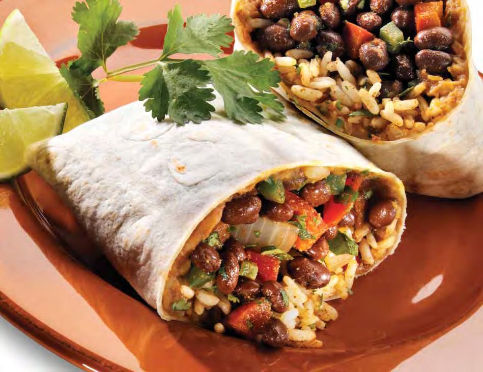 Calories 370 Carbohydrate 60 g Protein 13 g Fat 8 g Fiber 5 g Sodium 560 mg Cholesterol 5 mg Rice and Bean Burritos 38 Number of servings: 8 Serving size: 1 burrito 2 cups cooked kidney beans or 1