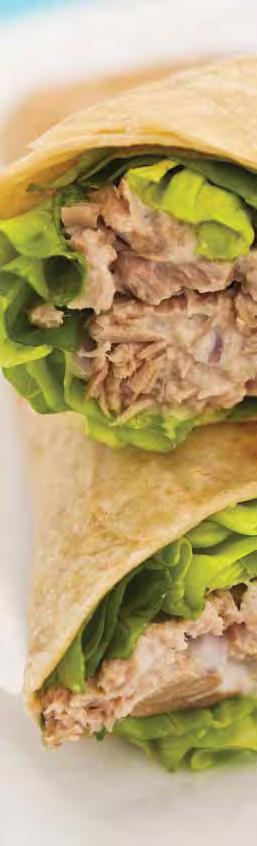 Tuna Twists Number of servings: 4 Serving size: 1 wrap 4 taco-size whole wheat tortillas 1 can (6 ounces) tuna ½ cup diced apple 1 tablespoon lemon juice ¼ cup light mayonnaise 1 /3 cup diced celery