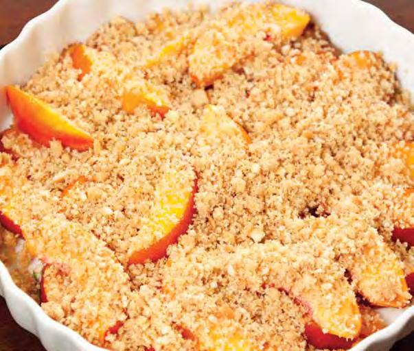 Calories 200 Carbohydrate 40 g Protein 3 g Fat 5g Fiber 3 g Sodium 30 mg Cholesterol 0 mg Peach Crisp Number of servings: 6 4 peaches (4 cups sliced) 2 tablespoons margarine ¾ cup quick-cooking oats