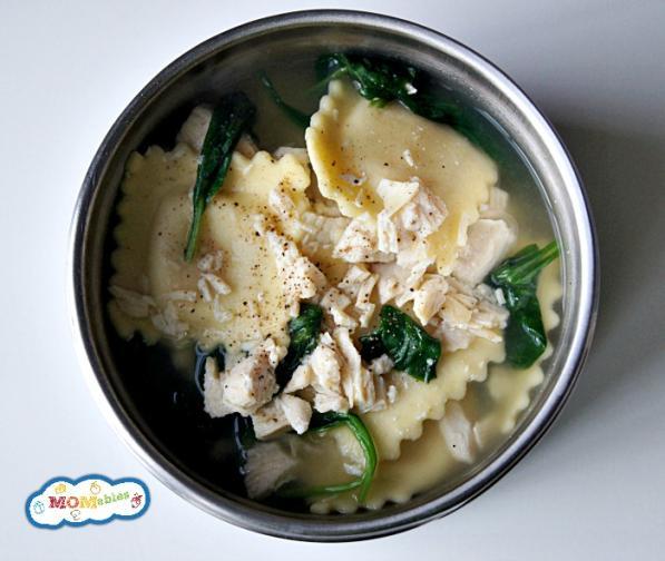 Ravioli Soup Family Sized/ Serves 4 4 cups chicken broth 9oz package mini cheese ravioli 2 cups shredded cooked chicken 4 cups baby spinach Salt & pepper, to taste 1.