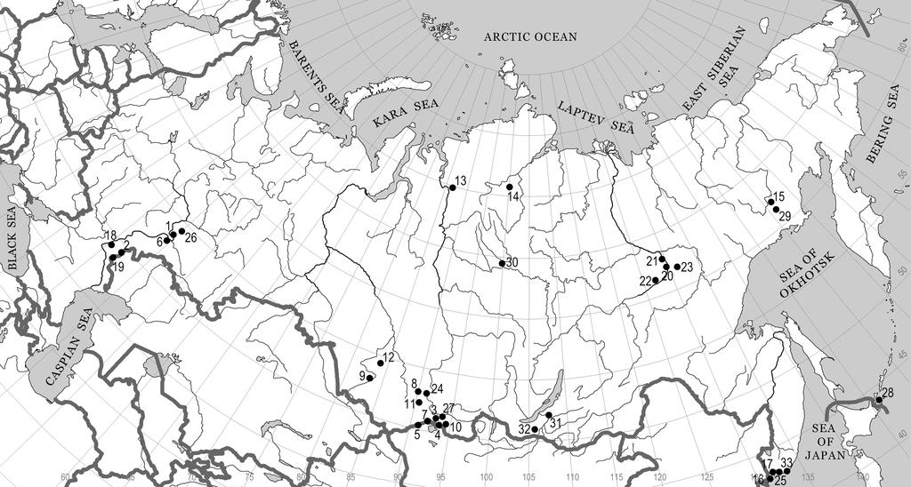 Lomonosova Figure 1 Study area. Dots with numbers from 1 to 33 are the sampling plot loca tions (according to numbering in the text) and Asian parts of Russia, Kazakhstan, Mongolia, Chi na.