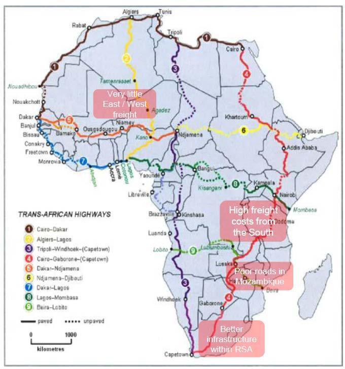 Limited Logistics Railways and Ports: Limited old network with two gauges, most unmaintained with low axle loads and many lines inoperable. East Africa lines Mombasa thru Nairobi to Uganda.