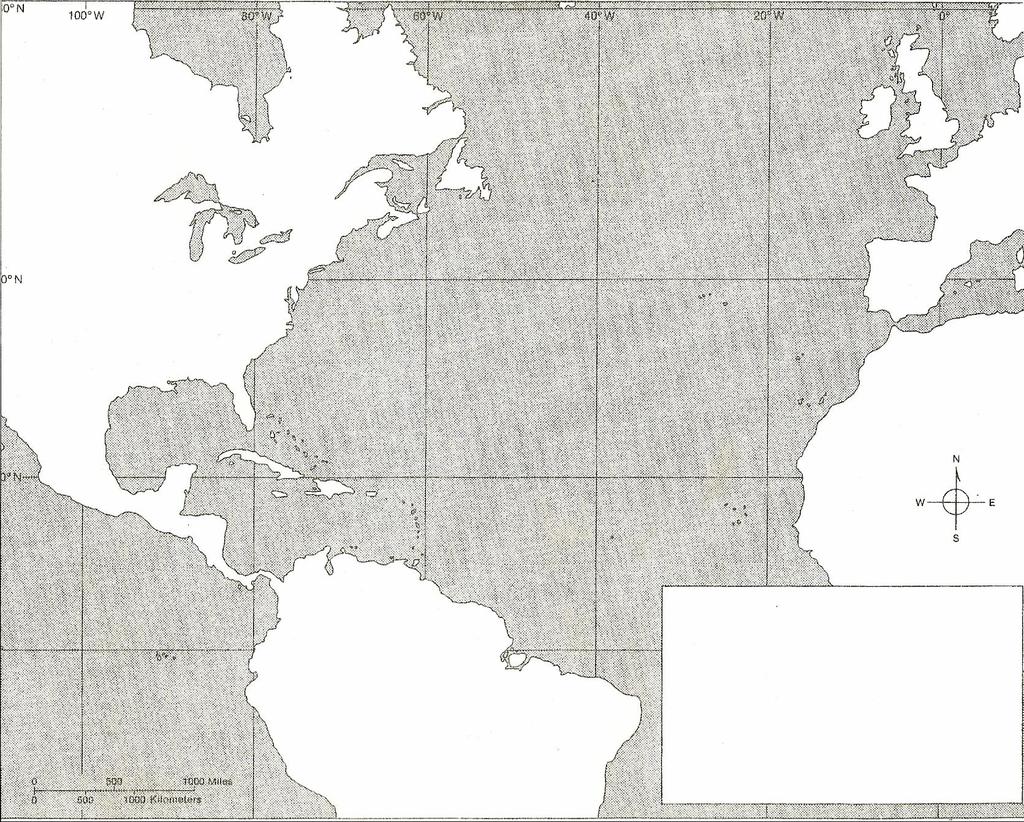 MAP EXERCISE: DIRECTIONS: 1. Locate the following on the map. Spain Portugal South America Atlantic Ocean Hispaniola Cuba Africa North America Caribbean Sea COLUMBUS REACHES AMERICA 2.