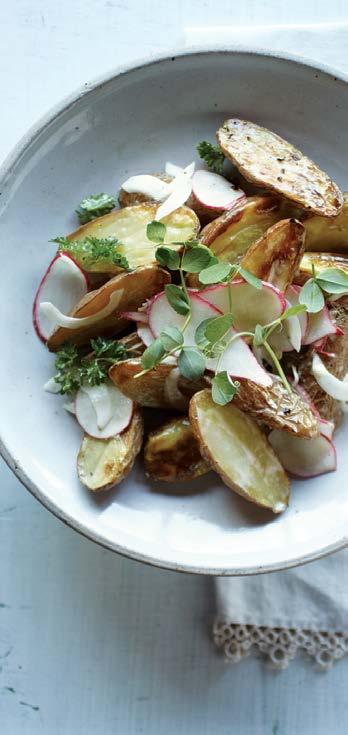 ROASTED POTATO SALAD WITH GARLIC ANCHOVY DRESSING MAKES 6 SIDE-DISH SERVINGS PREHEAT OVEN TO 400 F For dressing, place anchovy fillets, mayonnaise, garlic and lemon peel in KitchenAid Diamond Blender.