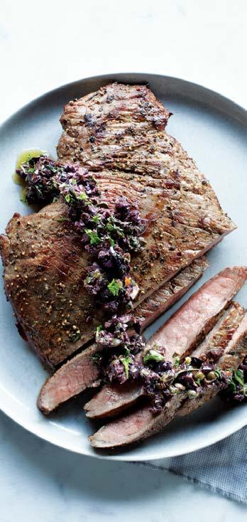 GRILLED FLANK STEAK WITH KALAMATA TAPENADE MAKES 6 SERVINGS PREHEAT GRILL TO MEDIUM-HIGH HEAT For tapenade, place olives, capers, garlic, anchovies, lemon juice, parsley, oregano and black pepper in