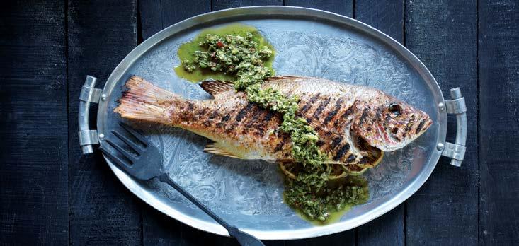 GRILLED RED SNAPPER WITH GREEN HARISSA SAUCE MAKES 2 SERVINGS PREHEAT GRILL TO MEDIUM-HIGH HEAT For harissa sauce, place spinach, green onions, cilantro, parsley, olive oil, jalapeño pepper, garlic,