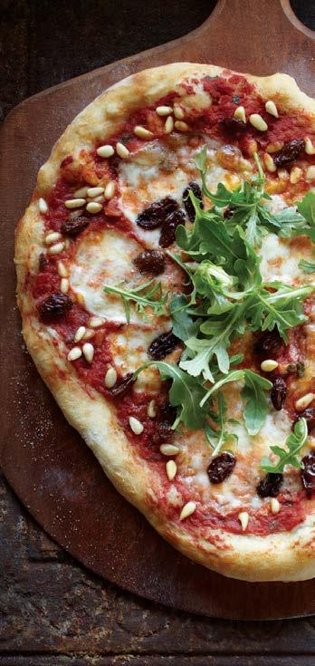 PIZZA WITH GOLDEN RAISINS, FRESH MOZZARELLA & PINE NUTS MAKES 4 SERVINGS PREHEAT OVEN TO 450 F For dough, combine flour, yeast and 2 teaspoon salt in medium bowl. Whisk to combine.