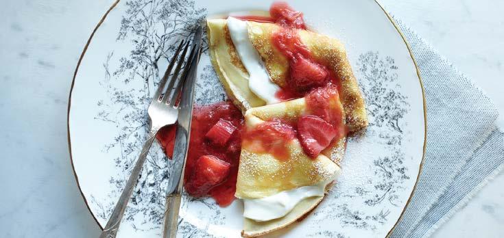 CRÊPES WITH GOAT CHEESE & STRAWBERRY RHUBARB SAUCE MAKES 2 CRÊPES For crêpes, place flour, 2 tablespoons granulated sugar, eggs, milk, half-and-half and salt in KitchenAid Diamond Blender.