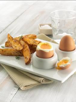 Soft Boiled Eggs and Baked Potato Wedges $1.85 per serve Preparation time: 5 minutes, cooking time: 10-15 minutes 8 eggs 4 large potatoes, washed 1.