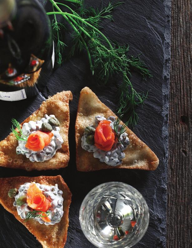 APPETIZER Smoked Salmon Rosettes with Dill Lentil Cream on Crispy Wontons Chablis SERVINGS 20 pieces PREP TIME 15 minutes TOTAL TIME 20 minutes 1 cup (250 ml) canola oil 5 wonton squares (3½ x 3½