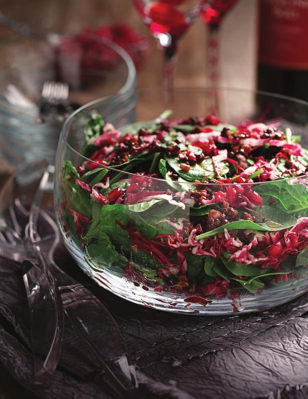 SALAD Warm Cocoa Chili Lentil Salad with Pomegranate Gems SERVINGS 4 PREP TIME 5 minutes TOTAL TIME 10 minutes Salad Base 4 cups (1L) thinly sliced baby spinach leaves 1 cup (250 ml) thinly sliced