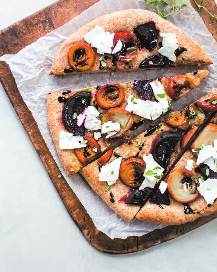 VG option EF BEETROOT FLATBREAD Serves 4 6 1 tablespoon olive oil, plus extra for greasing 4 small or 2 large beetroot ½ recipe for pizza dough (see page 220) or 1 recipe for unbaked pitta bread