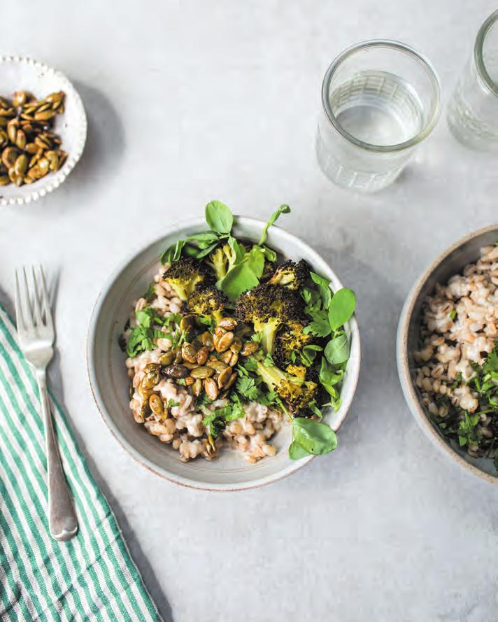 GF option VG LS CRISPY BROCCOLI & BARLEY BOWL WITH TAHINI DRESSING Serves 2 150g uncooked pearl barley or 375g cooked, warmed 1 large head of broccoli, cut into medium florets 1 tablespoon olive oil