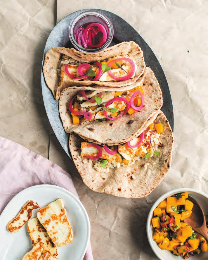 GF option EF TACOS: HALLOUMI TACOS WITH MANGO SALSA & RICE Serves 2 (2 large or 4 small tacos) 80g brown rice or 160g cooked 125g halloumi, cut into about 3mm-thick slices 4 soft tortillas, warmed a