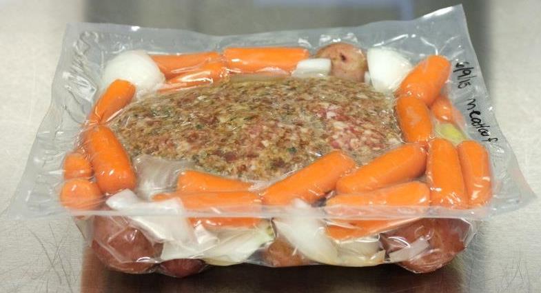 Form into loaf shape and freeze 4. Blanch red and gold (quartered or baby) potatoes, onions, and baby carrots 5.