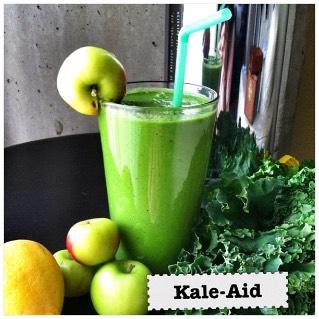 kale aid green smoothie Yield: 1 serving You will need: blender, cutting board, measuring cups and spoons 1 cup kale, de-stemmed 1/3 cup parsley 1 lemon, juice of 1 cup water 1 apple 1 stalk celery