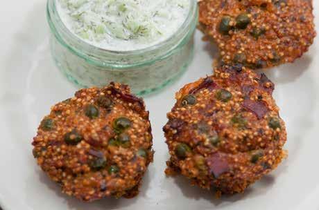 Snacks Veggie quinoa patties Makes approximately 12 patties ¾ cup cooked quinoa 2 tablespoons ground flaxseed + 6 tablespoons water 1 cup finely chopped kale ¼ cup quinoa flour ½ cup grated sweet