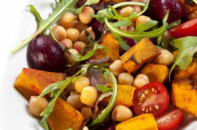 Lunch Roasted beetroot salad with chickpeas, pumpkin and rocket 1 small beetroot ½ cup cherry tomatoes, halved ½ cup pumpkin, cut into cubes 100g canned chickpeas, rinsed and drained 1 cup rocket