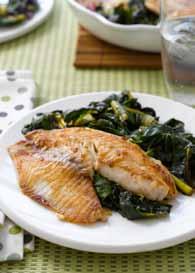 MAKES 4 servings PREP 10 minutes COOK 10 minutes 4 tilapia fillets (about 6 oz each) 1½ tbsp grated fresh ginger ½ tsp each salt and black pepper 1½ tbsp olive oil 1 small onion, chopped 2 bunches