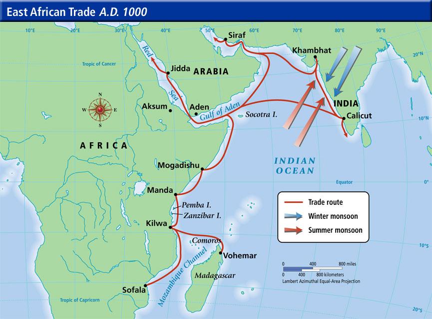 Swahili Coast ECONOMIC: Highly important for international trade during Medieval era Predictable seasonal monsoon winds combined with maritime navigation technology, like arab dhow and lateen sails,