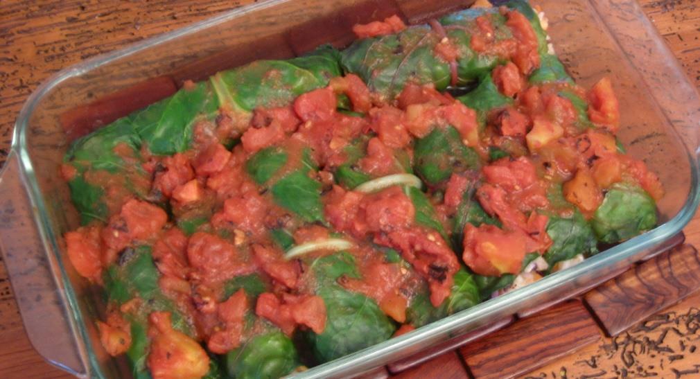 Stuffed Chard Rolls 1 small zucchini 1 small onion 1 carrot 1 cup cauliflower 1 bunch chard can beans (rinsed) cans diced tomatoes Tbsp.