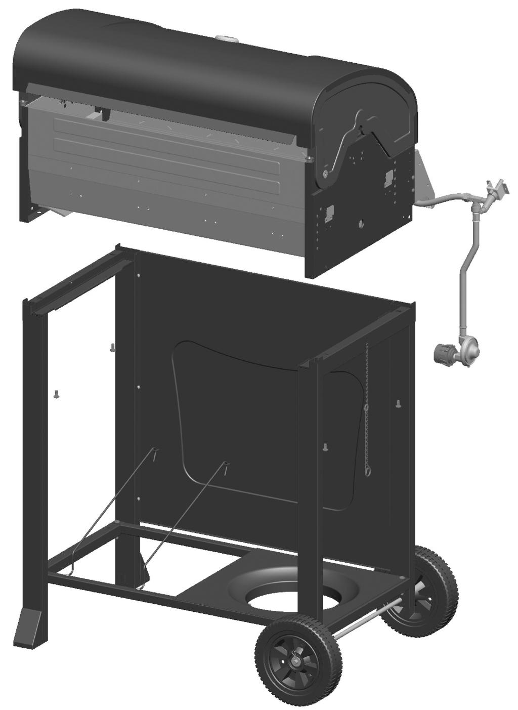5 Grill Head to Cart Stand cart upright. This step requires two people to lift and position grill head onto cart.