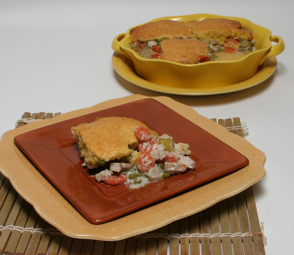 Turkey Pot Pie with Cornbread Crust Turkey pot pie with cornbread crust is the ultimate comfort food, and this recipe is a healthy version with less than 300 calories per serving!