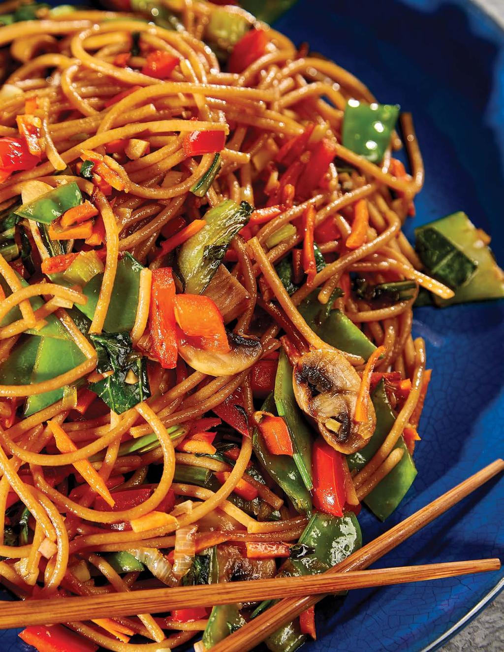 SERVES 6 Vegetable Lo Mein 6 shiitake mushrooms, stems removed & sliced 3 tbsp. olive oil 10 snow peas 1 small onion, peeled & diced small ½ red pepper, seeded & diced small 1.