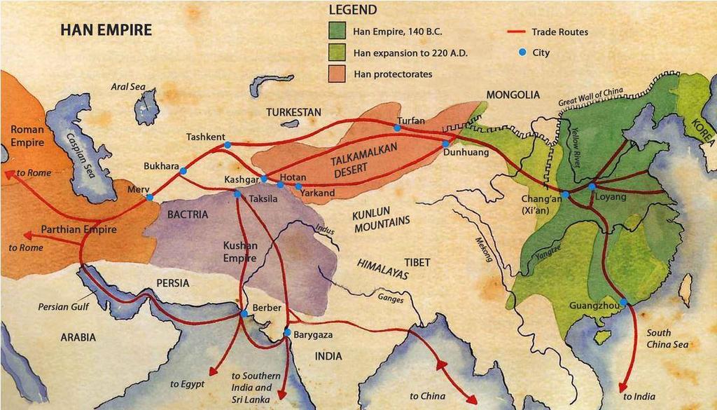 Trade routes to the West developed Major trade route = Silk Road Linked East & West