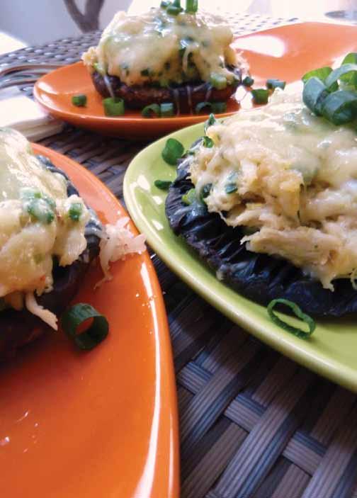 Serves 2 Crab Stuffed Portobello Mushrooms 2 large or 4 small Portobello mushroom caps 3 tablespoons olive oil Salt and pepper ½ cup shredded Swiss cheese ¼ cup scallion, chopped ¼ cup seasoned