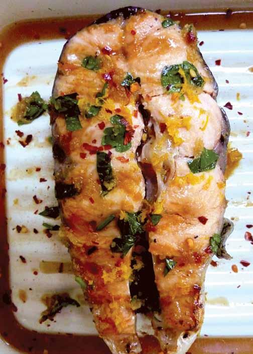 Serves 1 Asian Grilled Salmon Steaks 1 (8-ounce) salmon steak, no more than 1-inch thick 1 tablespoon honey 1 tablespoon soy sauce 1 teaspoon grated, fresh ginger 1 garlic clove, minced 1 teaspoon