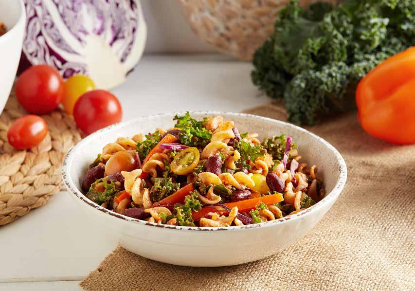 Rainbow Pasta Salad MAKES 12 CUPS READY IN 30 MINUTES Can t decide between pasta and salad? This delicious, vegan pasta salad recipe has everything you love about both all in one big, colorful dish.
