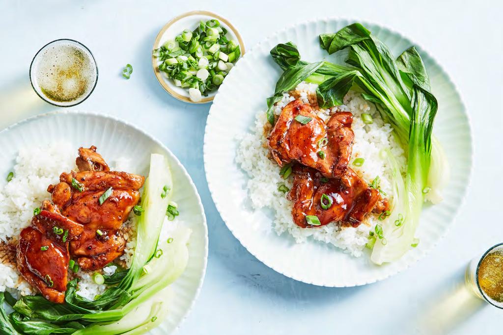 Caramel Chicken with Steamed Bok Choy and Rice 40 minutes For 4 people This meal is a riff on the Chinese takeout of our dreams - fresh and quick, but nuanced and flavorful.