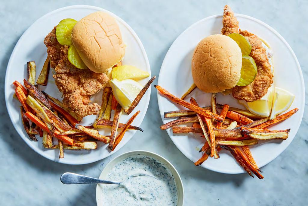 Fried Chicken Sandwiches with Root Vegetable Fries 40 minutes For 4 people The key to the chicken s extra crispy coating is a triple-dredge: dip the chicken breasts in flour, then egg, shaking off