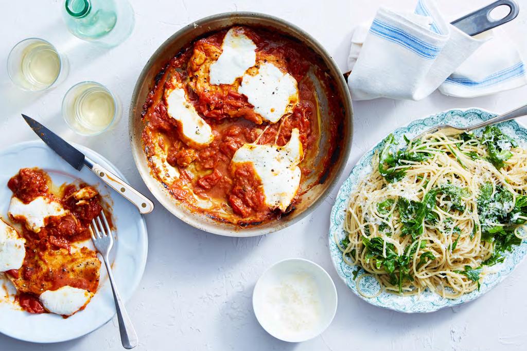 Skillet Chicken Parmesan with Arugula Spaghetti 40 minutes For 4 people We're giving chicken parmesan a minimalist makeover.