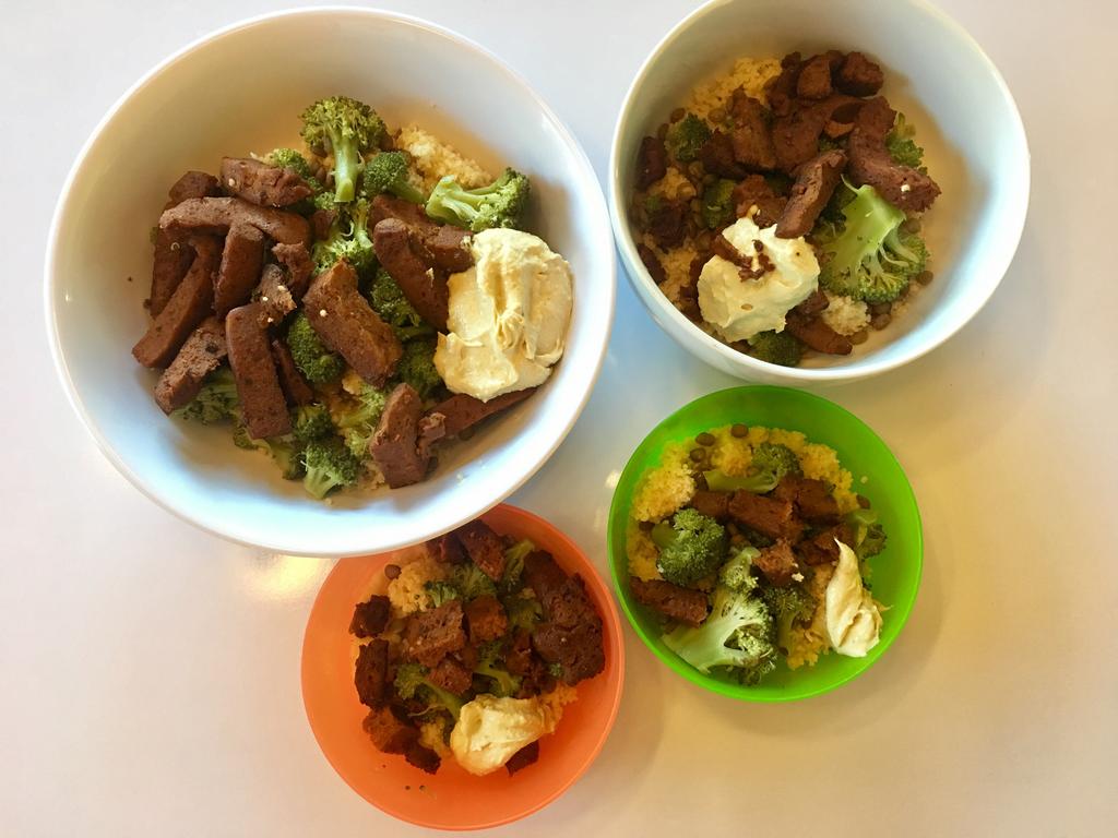 PLAY VIDEO Vegan Protein Bowl 1 Cup Couscous 1 Cup Vegetable Broth 1 Box Seitan 1 can Lentils 1 head of Broccoli (steamed) top with Cashew Cheese (recipe below) Cook couscous according to package in