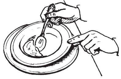The soup plate may be tipped away from you in order to fill the spoon with the last sips of soup.