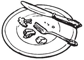 Hold the fork, prongs down, in your hand. Cut only one piece of meat at a time. After cutting the meat, lay the knife on the plate, as shown in the illustration.