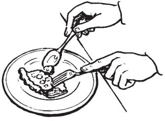 Dessert with a Fork and Spoon Dessert may be eaten with the fork in the left hand, tines down, and the spoon in the right. Eat with the spoon.