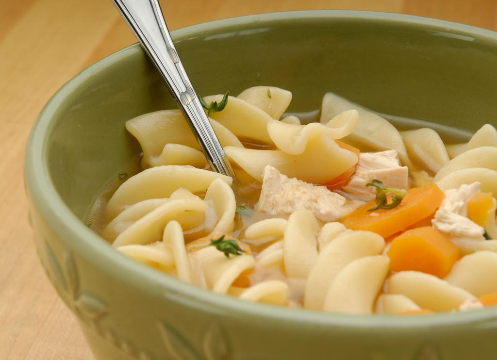main dish Chicken Noodle Soup Serves 1 1 In a stock pot combine chicken broth, water, chicken breast(s), carrots, shallot, garlic & thyme.