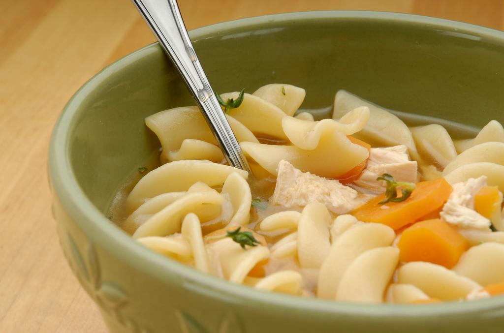 main dish Chicken Noodle Soup 1 In a stock pot combine chicken broth, water, chicken breast(s), carrots, shallot, garlic & thyme.