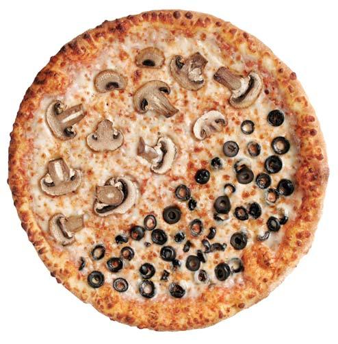 Two people can share of this pizza equally. Four more friends place their order. They want to share a large pizza. Elena and Thuy want olives on their pizza. They do not want mushrooms.