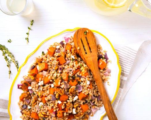 FARRO & ROASTED SWEET POTATO SALAD Preheat oven to 00 F. Line a rimmed baking sheet with aluminum foil; spray with cooking spray.