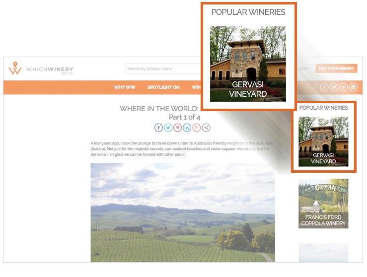 site. Includes placement within all article pages Winery thumbnail Winery name Link to winery profile page on