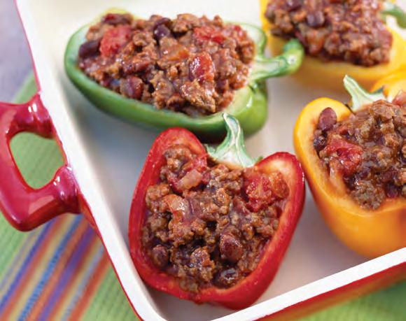 BBQ Turkey in Pepper Shells This dish is colorful and healthy. You can save money by using all green bell peppers. Makes 6 servings. 1 stuffed bell pepper shell half per serving.