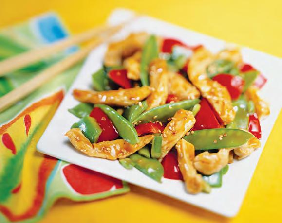 Sesame Chicken with Peppers and Snow Peas Ginger and sesame add an Asian flare to this dish. Makes 4 servings. 1¼ cups per serving.