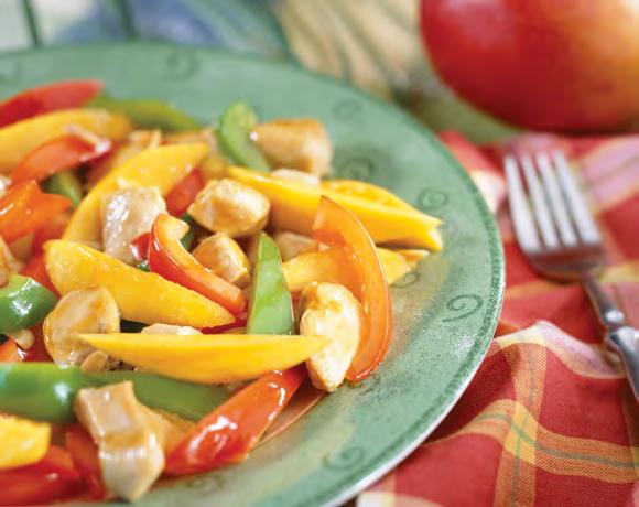 Mango Chicken Stir-Fry Tender chunks of chicken team up with crisp peppers and sweet mangos in this colorful stir-fry.
