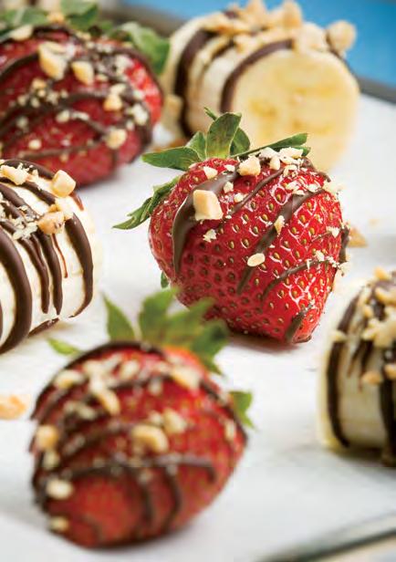 Fudgy Fruit Chocolate covered fruit is a great after-dinner treat! Makes 4 servings. ½ banana, 2 strawberries per serving.