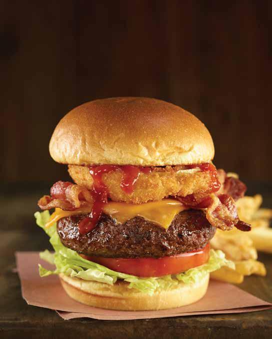 (240 gr) certified Angus Beef burger topped with your choice of three thick slices of cheddar or Swiss cheese, served with crisp lettuce, vine-ripened tomato and red onion.